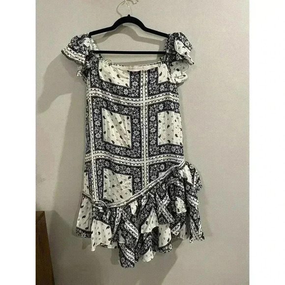 Cinq A Sept Minella Off-the-shoulder Dress Sz 6 Paisley Bandana Blue Flutter NEW - Picture 1 of 11